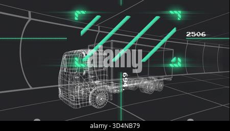Displaying wireframe medium-duty box truck moving through virtual tunnel, showing neon sensor beams Stock Photo