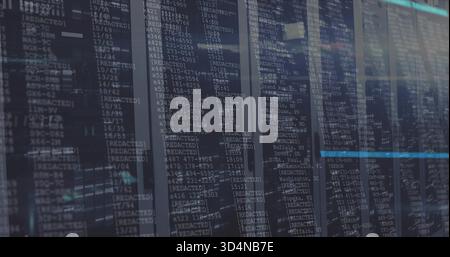 Showing server racks with glass doors in data center aisle, displaying console overlay [REDACTED] Stock Photo