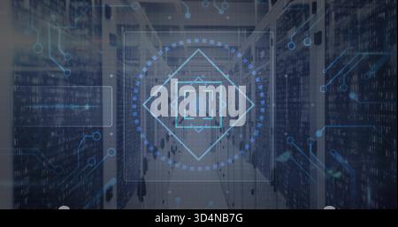 Projecting HUD target floating over datacenter aisle, showing server racks, LEDs Stock Photo