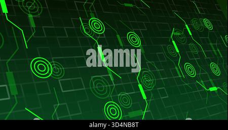 Displaying field filling slanted grid plane, with neon green radar targets, links and node bars Stock Photo