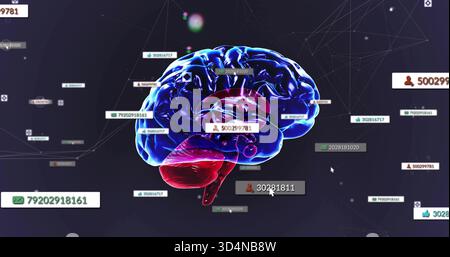 Showing 3D brain centered and rotating in digital space with data tags, badges, network and cursor Stock Photo