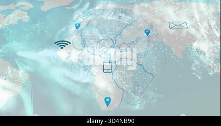 Rotating stylized globe showing network overlays in digital interface, with phone, Wi?Fi and pins Stock Photo