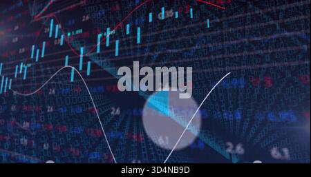 Displaying layered market screen showing candlesticks, line-graphs, ticks, binary-grid, donut Stock Photo