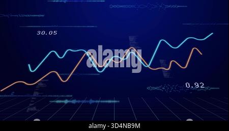 Displaying cyan and orange trend lines waving in holographic dashboard, numeric labels floating Stock Photo