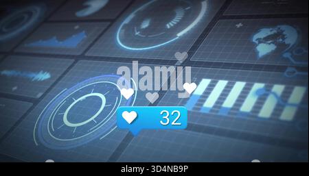Displaying blue badge showing heart 32 on HUD, floating hearts rising, radar pulsing Stock Photo