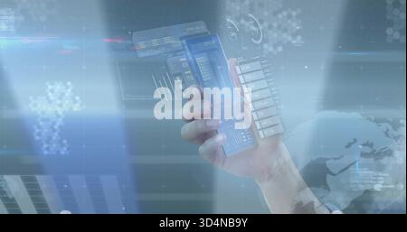 Holding human right hand displaying transparent smartphone in tech workspace, holographic panels Stock Photo