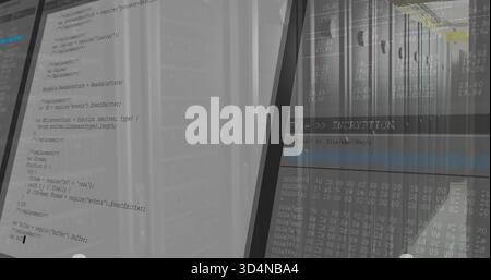 Displaying monitors showing source code, FileENCRYPTION progressbar and hex dump at server racks Stock Photo
