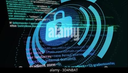 Glowing blue padlock icon anchoring security interface, featuring concentric rings, code and binary Stock Photo