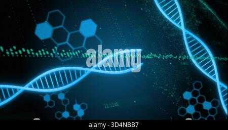 Displaying DNA helix curving in holo HUD, showing green waveform, hex diagrams, data specks Stock Photo