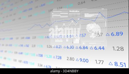 Displaying translucent panel in virtual workspace, showing blue line chart, globe icon, copy space Stock Photo