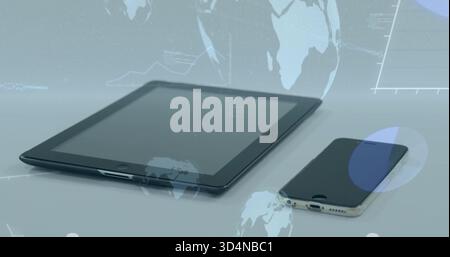 Displaying tablet showing holographic globe overlays on glossy tabletop with smartphone nearby Stock Photo