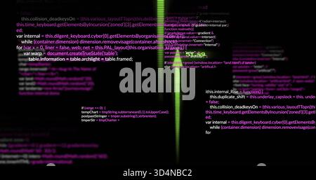 Displaying narrow neon-green column glowing in digital display, with JavaScript-like code fragments Stock Photo