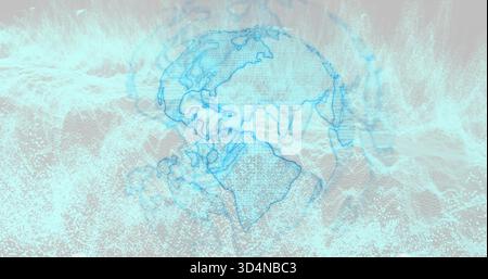 Rotating stylized blue globe showing contour lines and particle streams in abstract data field Stock Photo
