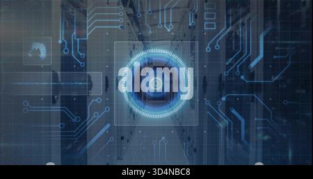 Projecting glowing circular HUD reticle on translucent square over server racks showing globe icon Stock Photo