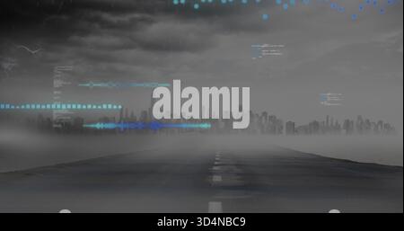 Leading road heading toward foggy city skyline on coastal causeway, with blue HUD Stock Photo