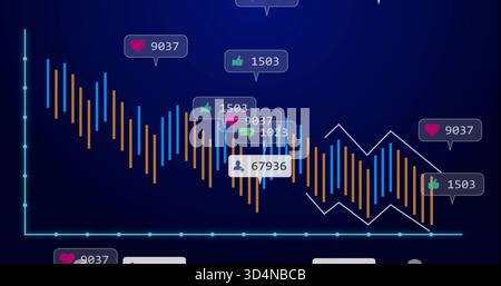 Displaying data dashboard on dark-blue panel, showing orange and blue bars, white zigzag, tooltips Stock Photo