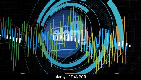 Displaying centered data HUD on dark dashboard, radial rings, candlestick bars, lines, blue globe Stock Photo