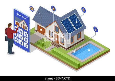 Isometric illustration of a smart home with solar panels, modern living room, and man controlling systems via smartphone. Concept of energy efficiency Stock Vector