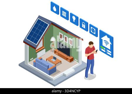 Isometric illustration of a smart home with solar panels, modern living room, and man controlling systems via smartphone. Concept of energy efficiency Stock Vector