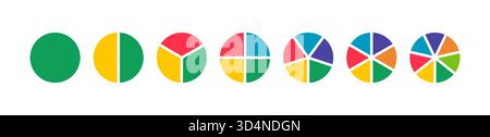 Pies segmented on from 1 to 7 equal parts. Donut charts. Multicoloured diagrams infographic. Circle section graph. Wheels divided in sections. Pie Stock Vector