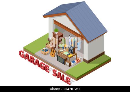 Isometric illustration of a garage sale inside a house garage with furniture, clothes, electronics, and decorative items. Concept of home clearance Stock Vector