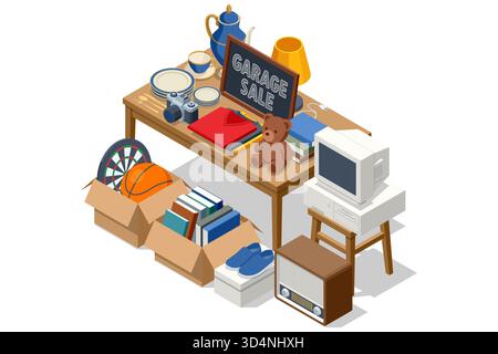Isometric illustration of a garage sale table with old books, dishes, toys, clothes, computer, and vintage electronics. Concept of decluttering and Stock Vector