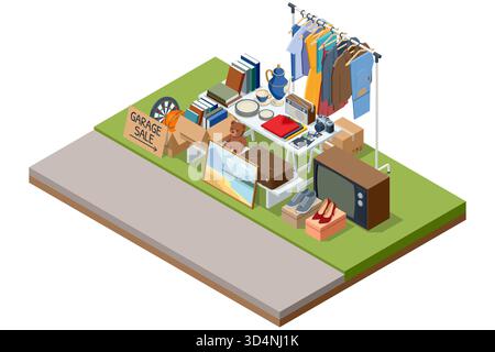 Isometric outdoor garage sale with clothes, books, TV, furniture, and signs. Concept of neighborhood recycling, reuse, and secondhand shopping. Stock Vector