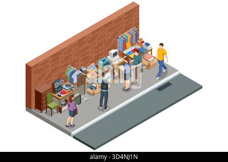 Street Flea Market, Isometric street flea market near a brick wall with people shopping for used items. Concept of secondhand economy, reuse, and Stock Vector