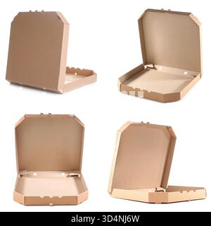 Open empty pizza box isolated on white, set. Different sides of packaging Stock Photo