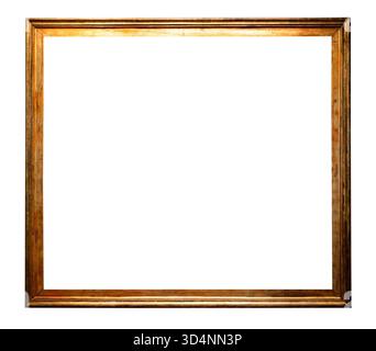 blank old horizontal narrow flat golden painting frame with cutout canvas isolated on white background Stock Photo