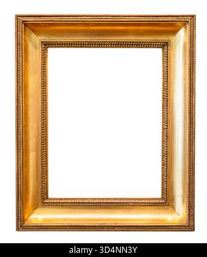 blank old vertical wide common golden painting frame with cutout canvas isolated on white background Stock Photo