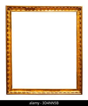 blank retro vertical narrow golden picture frame with cutout canvas isolated on white background Stock Photo