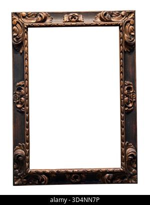 blank old vertical decorated bronze painting frame with cutout canvas isolated on white background Stock Photo