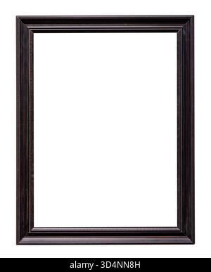 blank old vertical black picture frame with cutout canvas isolated on white background Stock Photo