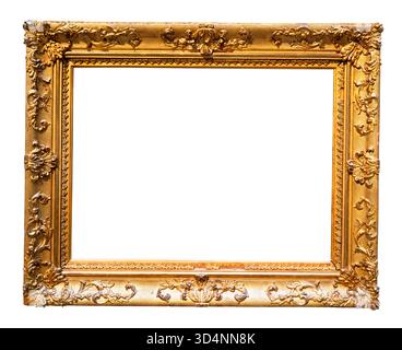 blank horizontal baroque wide yellow picture frame with cutout canvas isolated on white background Stock Photo