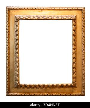 blank ancient vertical wide flat wooden golden picture frame with cutout canvas isolated on white background Stock Photo