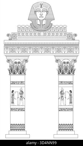 Vector illustration of ancient Egyptian temple columns decorated with hieroglyphic figures, lotus ornaments, and symbolic architectural details. Stock Vector