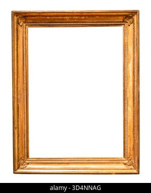 blank vintage vertical golden picture frame with cut out canvas isolated on white background Stock Photo