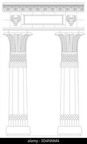 Vector illustration of ancient Egyptian temple columns decorated with hieroglyphic figures, lotus ornaments, and symbolic architectural details. Stock Vector