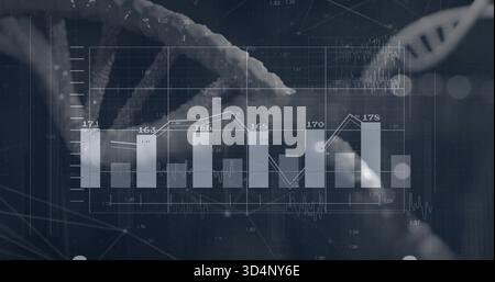 Displaying translucent bar chart with overlaid line graph in lab, showing DNA helix, numeric labels Stock Photo
