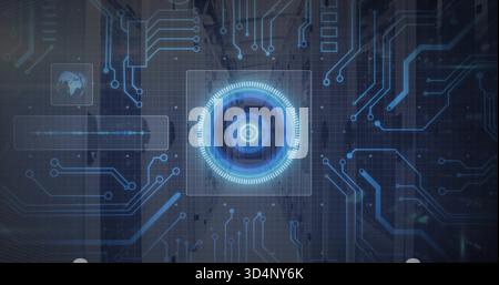 Projecting glowing blue concentric HUD target over city view, showing circuitry and waveform Stock Photo