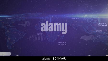 Projecting holographic map showing hex grids, data panels, warning icons, markers in virtual space Stock Photo