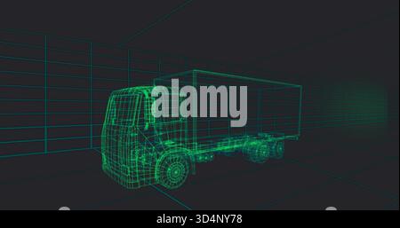 Displaying neon-green wireframe box truck showing chassis and wheels in CAD studio, grid guides Stock Photo