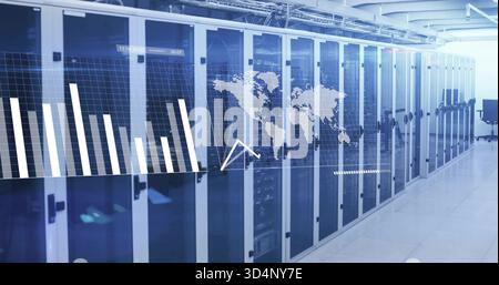 Displaying row of glass server racks streaming data overlays at data center, with LEDs and cabling Stock Photo
