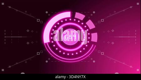 Animating neon circular HUD displaying numeric readout 689 on UI, pulsing concentric dotted ring Stock Photo