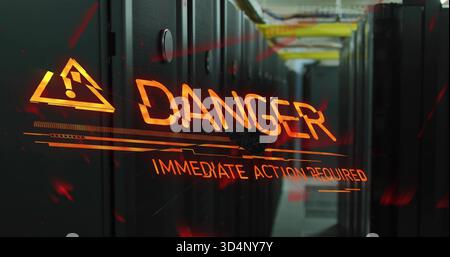 Projecting glowing DANGER IMMEDIATE ACTION REQUIRED graphic across datacenter aisle, showing racks Stock Photo