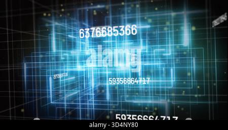 Displaying glowing cyan wireframe cluster pulsing in 3D data space, with numeric string 6376685366 Stock Photo