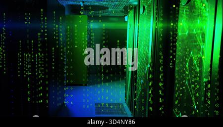 Glowing server racks showing cascading green binary overlay in data center, LEDs, vent, copy space Stock Photo
