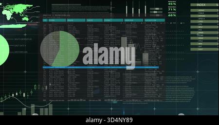 Displaying central tabular data panel centered on monitor, with world map, donut and line charts Stock Photo