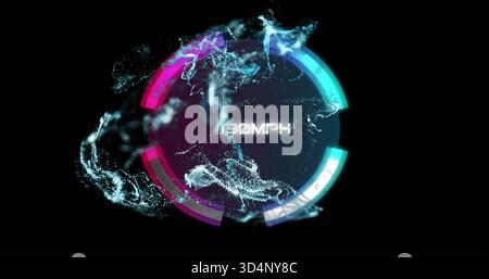 Glowing circular HUD showing neon arcs, concentric rings and particle ribbons in digital set, 30MPH Stock Photo